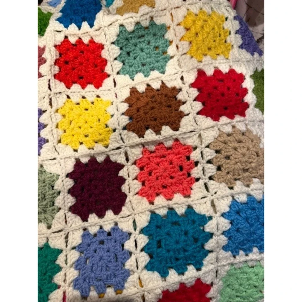 Vintage Handmade Crochet Granny Square Blanket Multi Boho Throw Afghan 67x60